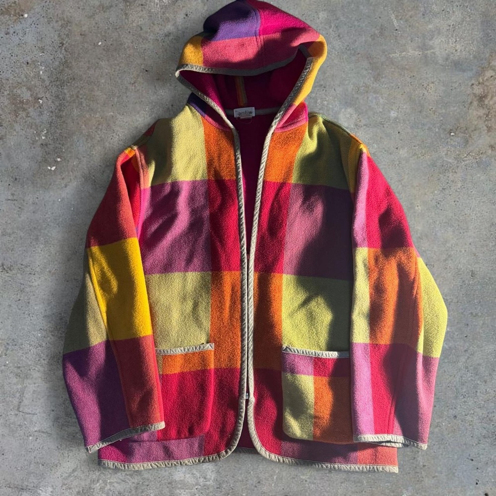 Vintage Neiman Marcus Pink Plaid Wool Blend Hooded Jacket Made in Italy Large